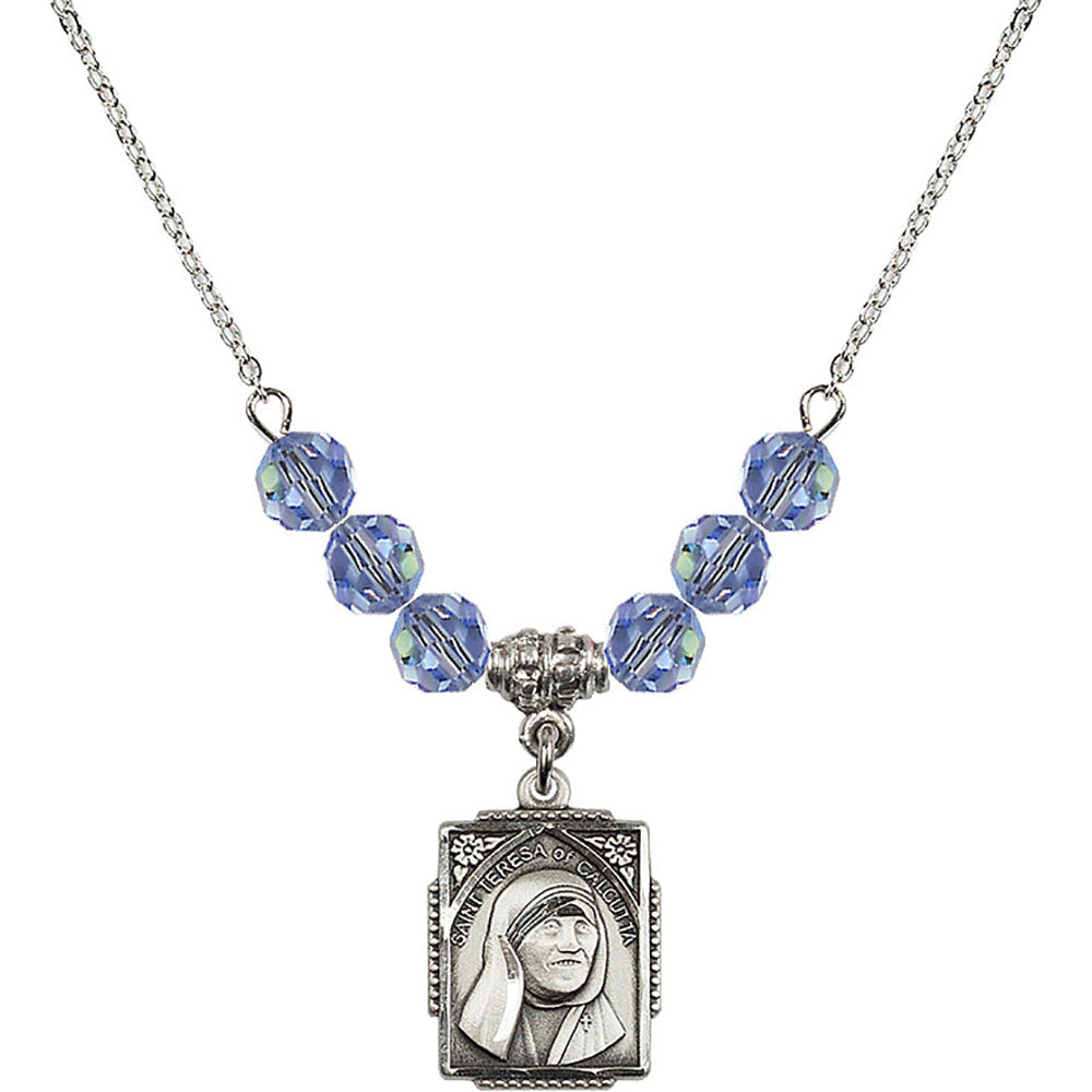 Sterling Silver Saint Teresa of Calcutta Birthstone Necklace with Light Sapphire Beads - 0804