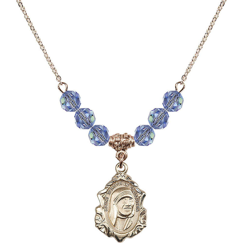 14kt Gold Filled Saint Teresa of Calcutta Birthstone Necklace with Light Sapphire Beads - 0812