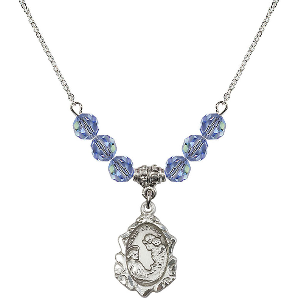 Sterling Silver Saint Cecilia Birthstone Necklace with Light Sapphire Beads - 0822