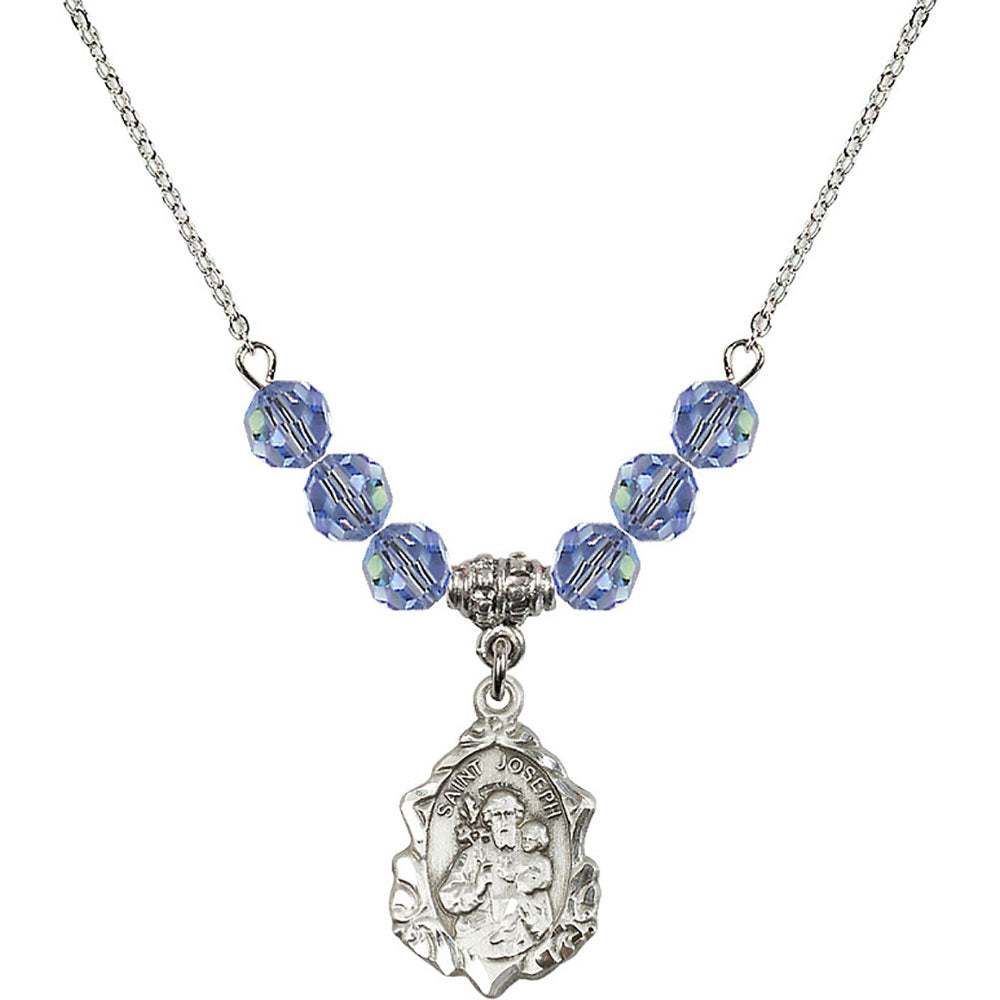 Sterling Silver Saint Joseph Birthstone Necklace with Light Sapphire Beads - 0822