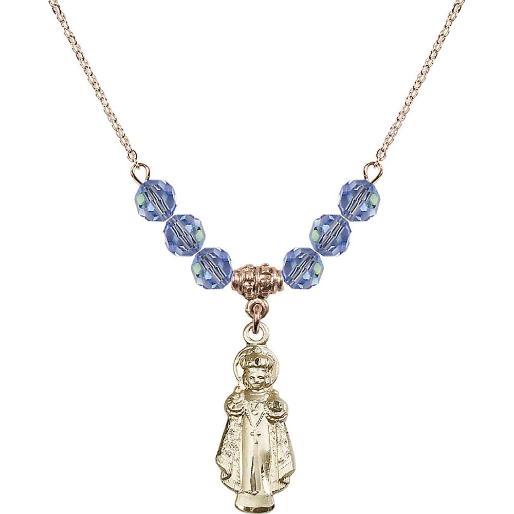 14kt Gold Filled Infant of Prague Birthstone Necklace with Light Sapphire Beads - 0824