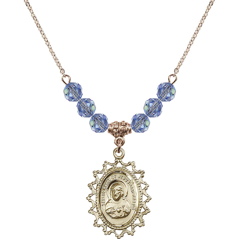 14kt Gold Filled Scapular Birthstone Necklace with Light Sapphire Beads - 1619