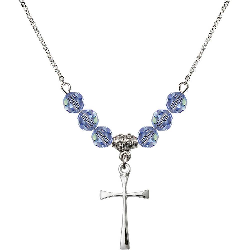 Sterling Silver Maltese Cross Birthstone Necklace with Light Sapphire Beads - 1870