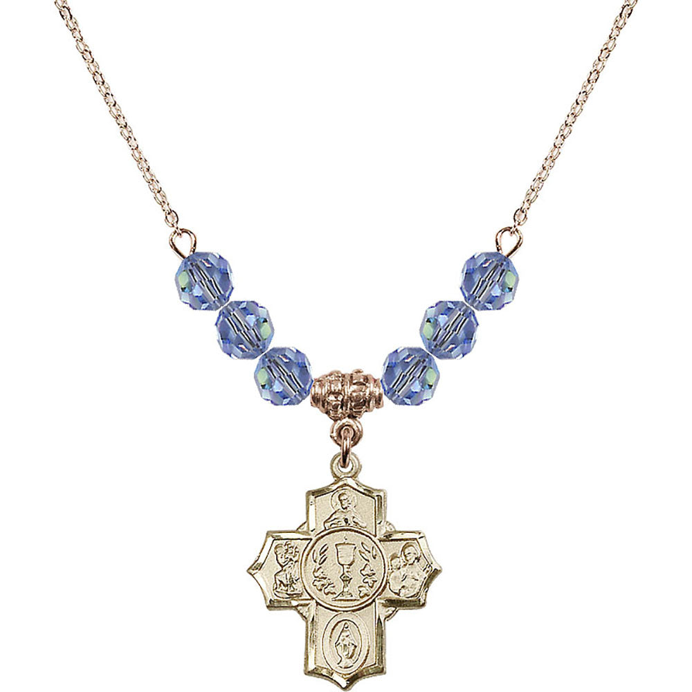 14kt Gold Filled Communion/5-Way Birthstone Necklace with Light Sapphire Beads - 2004