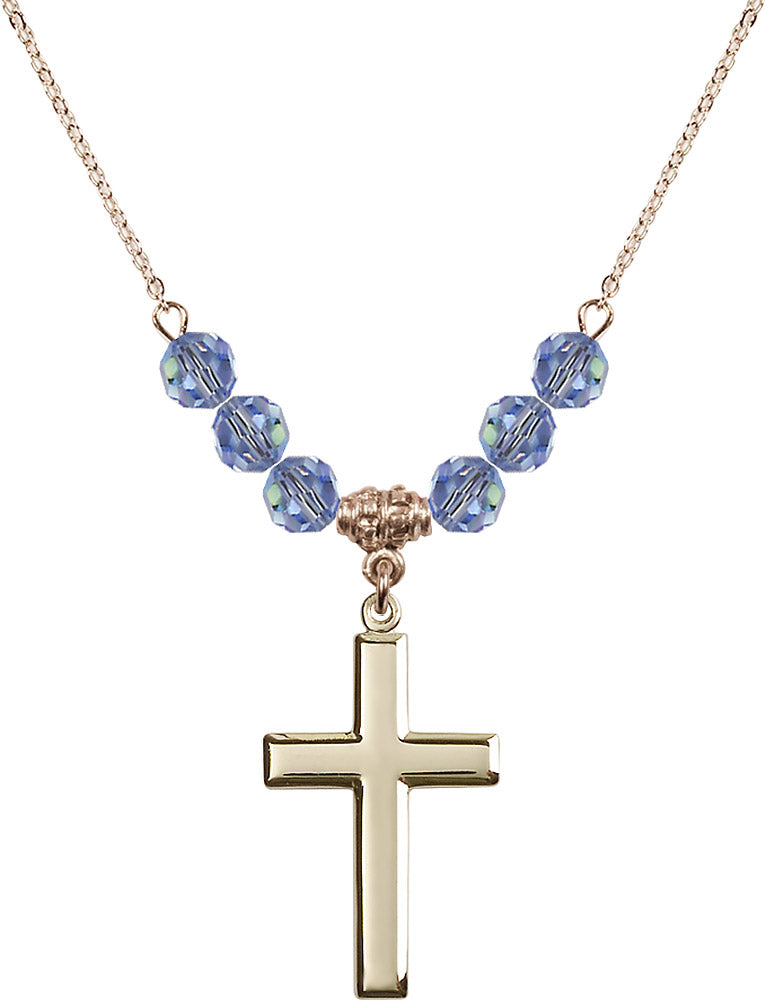 14kt Gold Filled Cross Birthstone Necklace with Light Sapphire Beads - 2190