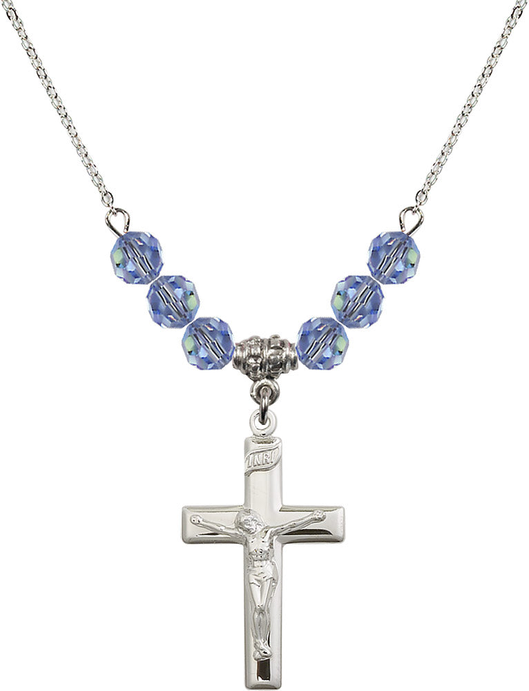 Sterling Silver Crucifix Birthstone Necklace with Light Sapphire Beads - 2191