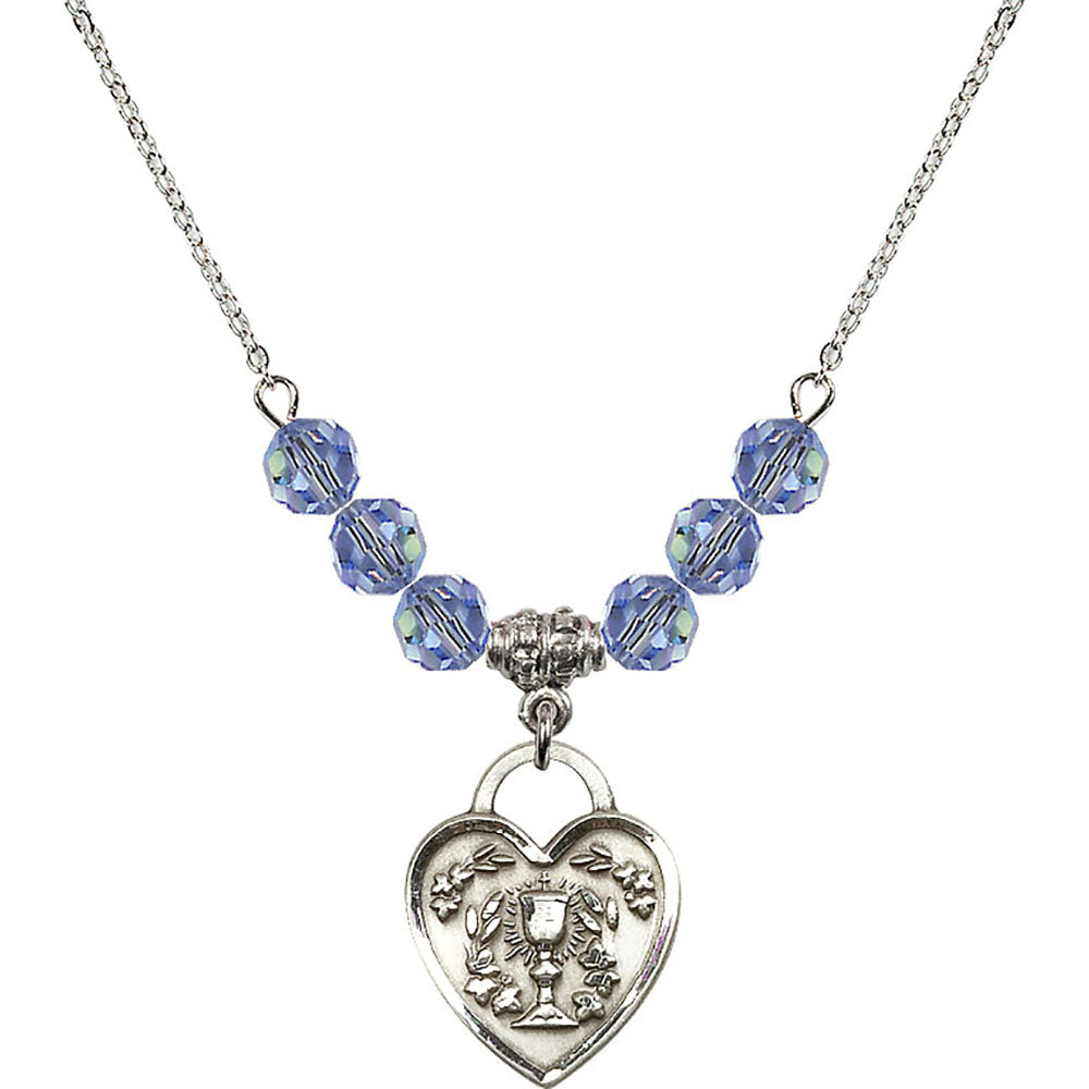 Sterling Silver Communion Heart Birthstone Necklace with Light Sapphire Beads - 3204