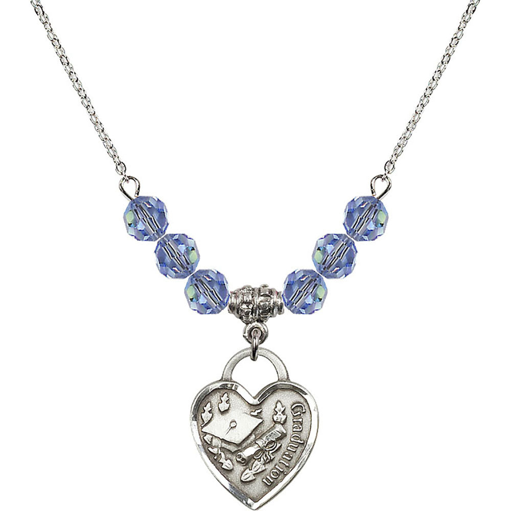 Sterling Silver Graduation Heart Birthstone Necklace with Light Sapphire Beads - 3206