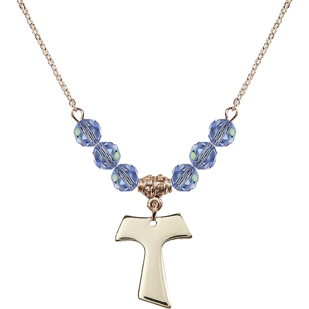 14kt Gold Filled Tau Cross Birthstone Necklace with Light Sapphire Beads - 3948