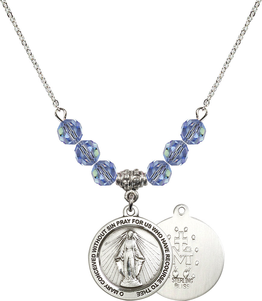 Sterling Silver Miraculous Birthstone Necklace with Light Sapphire Beads - 4056