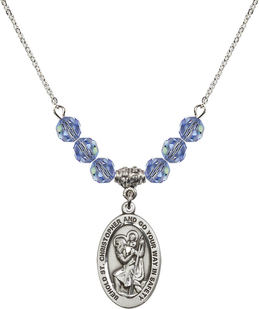 Sterling Silver Saint Christopher Birthstone Necklace with Light Sapphire Beads - 4123
