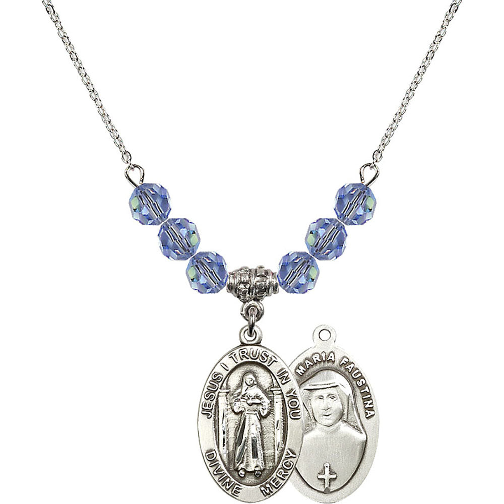 Sterling Silver Divine Mercy Birthstone Necklace with Light Sapphire Beads - 4123