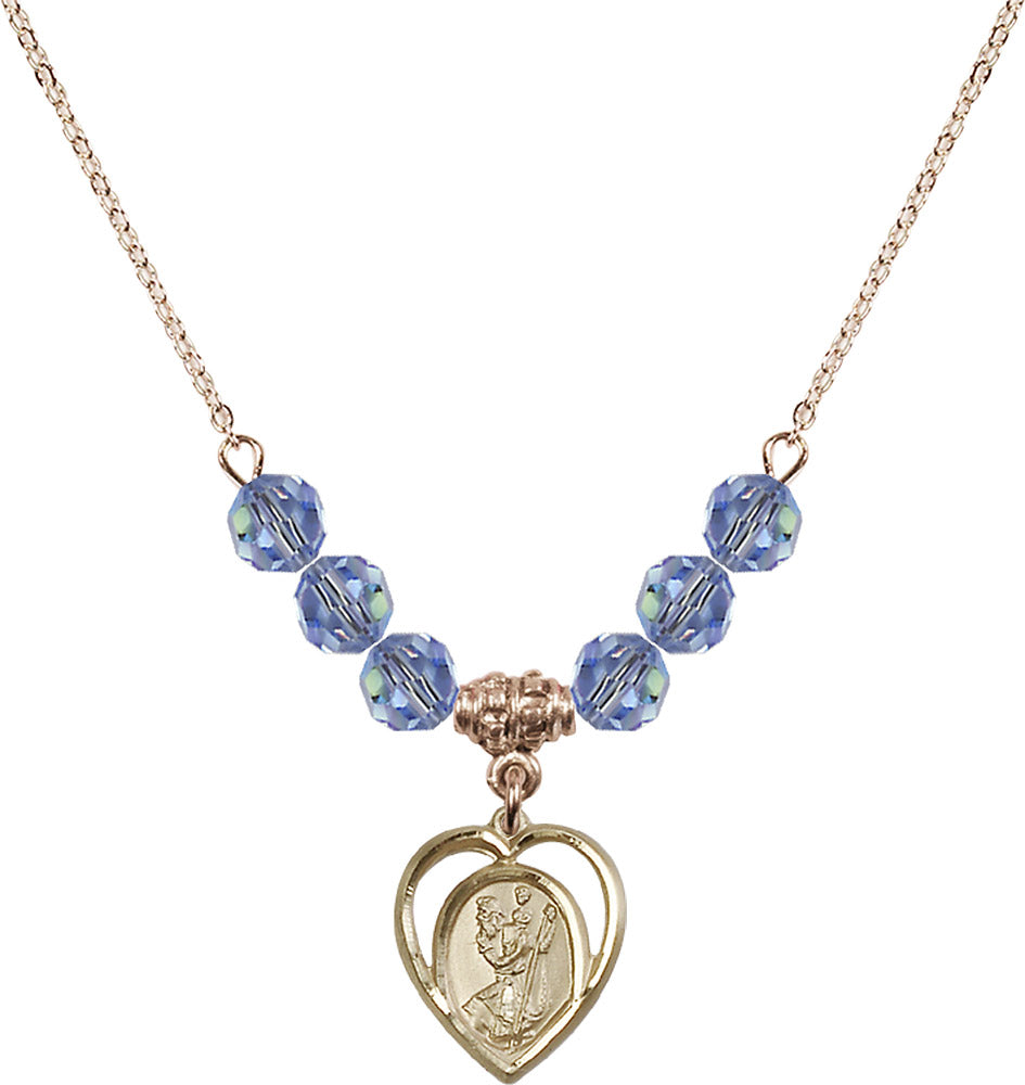 14kt Gold Filled Saint Christopher Birthstone Necklace with Light Sapphire Beads - 4127