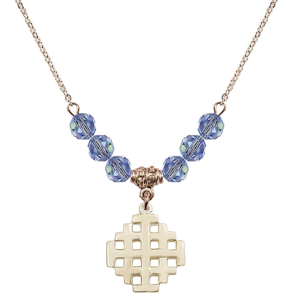 14kt Gold Filled Jerusalem Cross Birthstone Necklace with Light Sapphire Beads - 4139