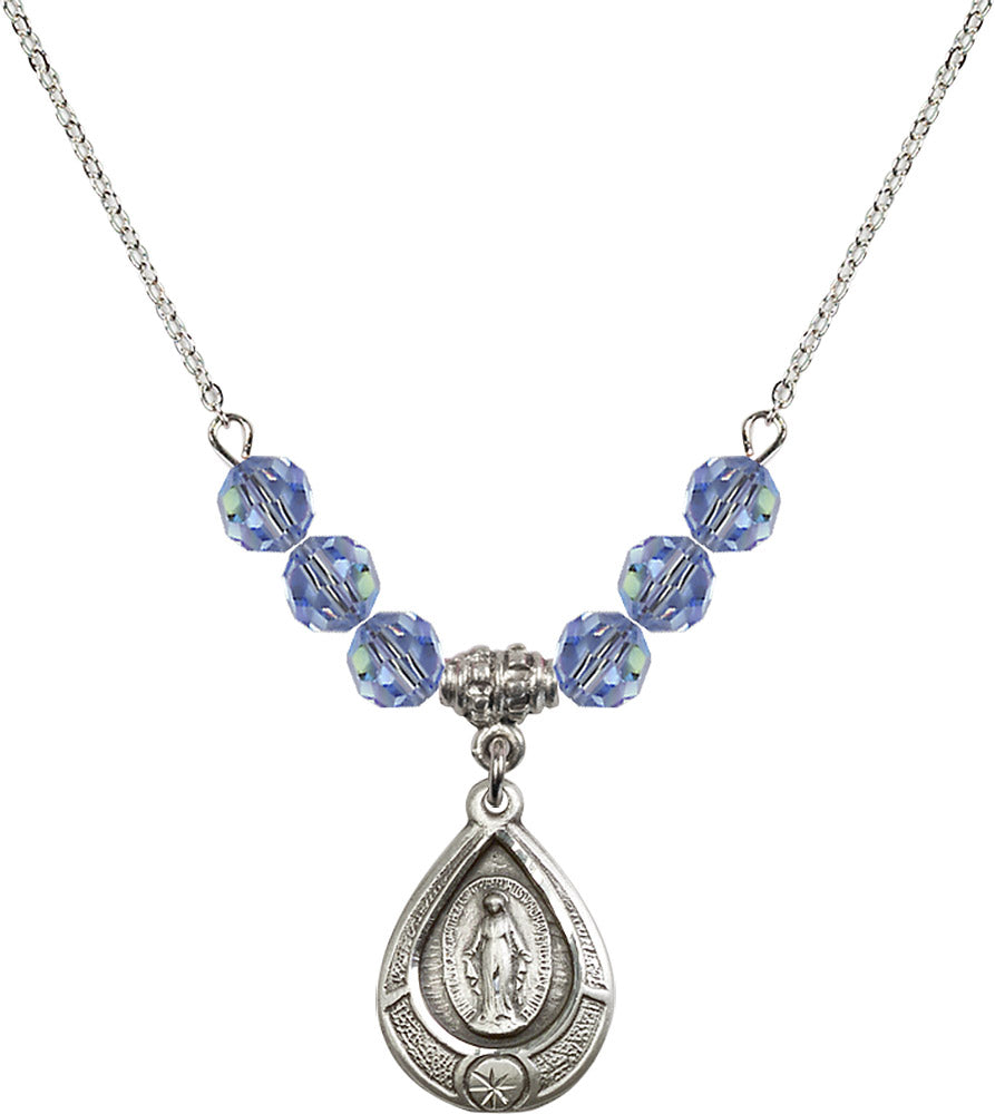 Sterling Silver Miraculous Birthstone Necklace with Light Sapphire Beads - 4144