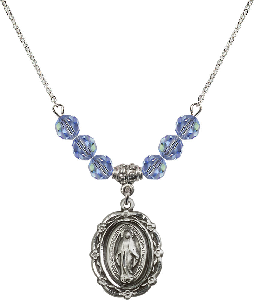 Sterling Silver Miraculous Birthstone Necklace with Light Sapphire Beads - 4146