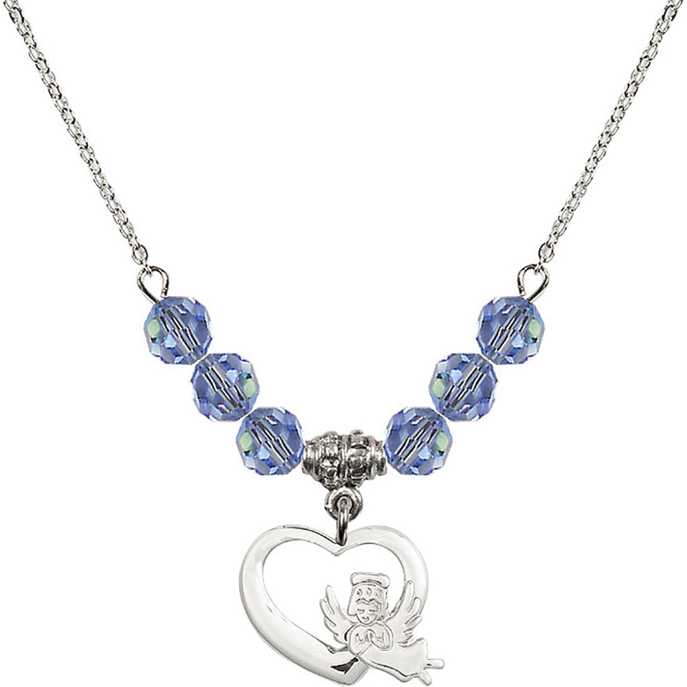 Sterling Silver Heart / Guardian Angel Birthstone Necklace with Light Sapphire Beads - 4206