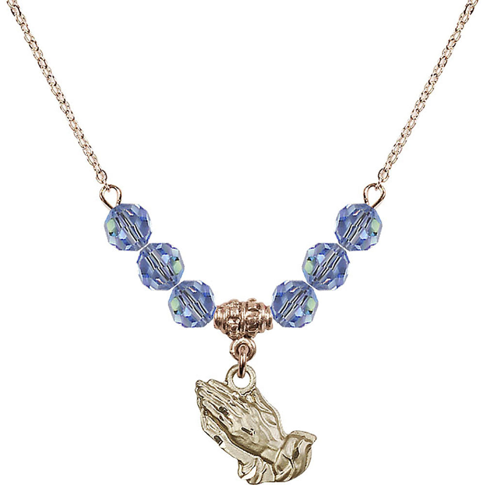 14kt Gold Filled Praying Hands Birthstone Necklace with Light Sapphire Beads - 4219