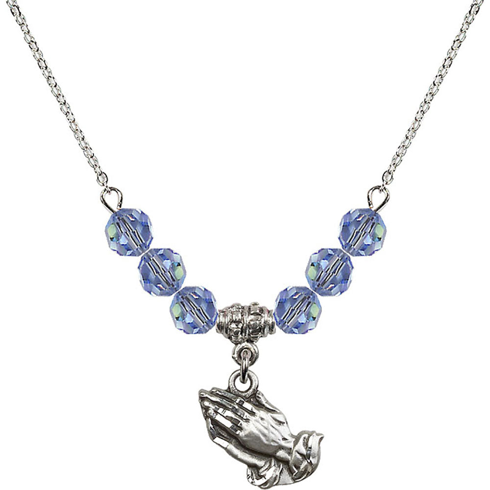 Sterling Silver Praying Hands Birthstone Necklace with Light Sapphire Beads - 4219