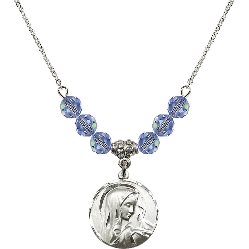 Sterling Silver Sorrowful Mother Birthstone Necklace with Light Sapphire Beads - 4249