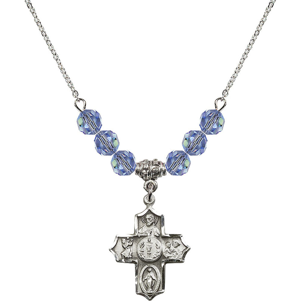 Sterling Silver 4-Way Birthstone Necklace with Light Sapphire Beads - 4256