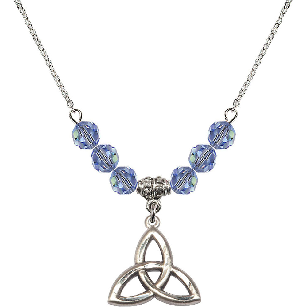 Sterling Silver Trinity Irish Knot Birthstone Necklace with Light Sapphire Beads - 5101