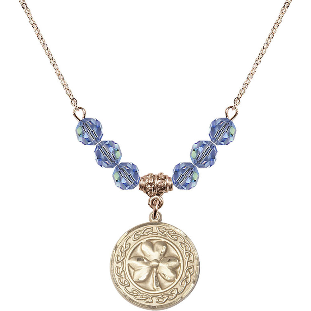 14kt Gold Filled Shamrock w/ Celtic Border Birthstone Necklace with Light Sapphire Beads - 5106