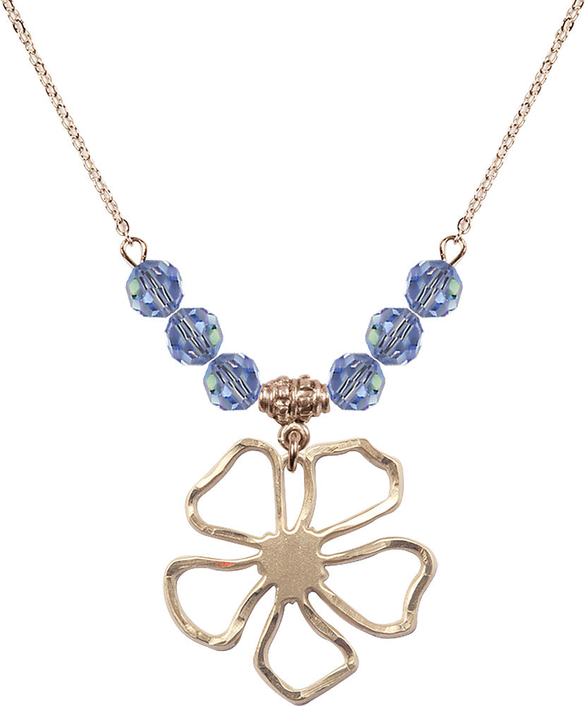 14kt Gold Filled Five Pedal Flower Birthstone Necklace with Light Sapphire Beads - 5109