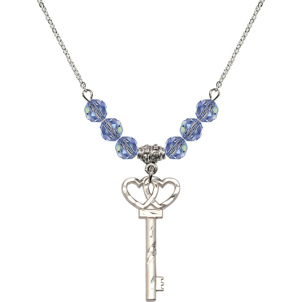Sterling Silver Small Key w/Double Hearts Birthstone Necklace with Light Sapphire Beads - 6213