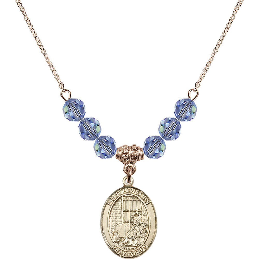 14kt Gold Filled Saint Benjamin Birthstone Necklace with Light Sapphire Beads - 8013