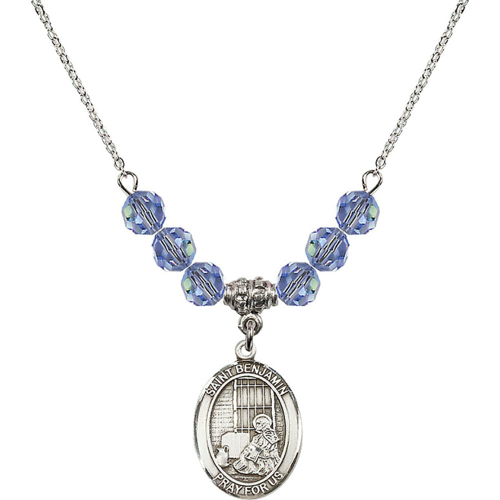 Sterling Silver Saint Benjamin Birthstone Necklace with Light Sapphire Beads - 8013