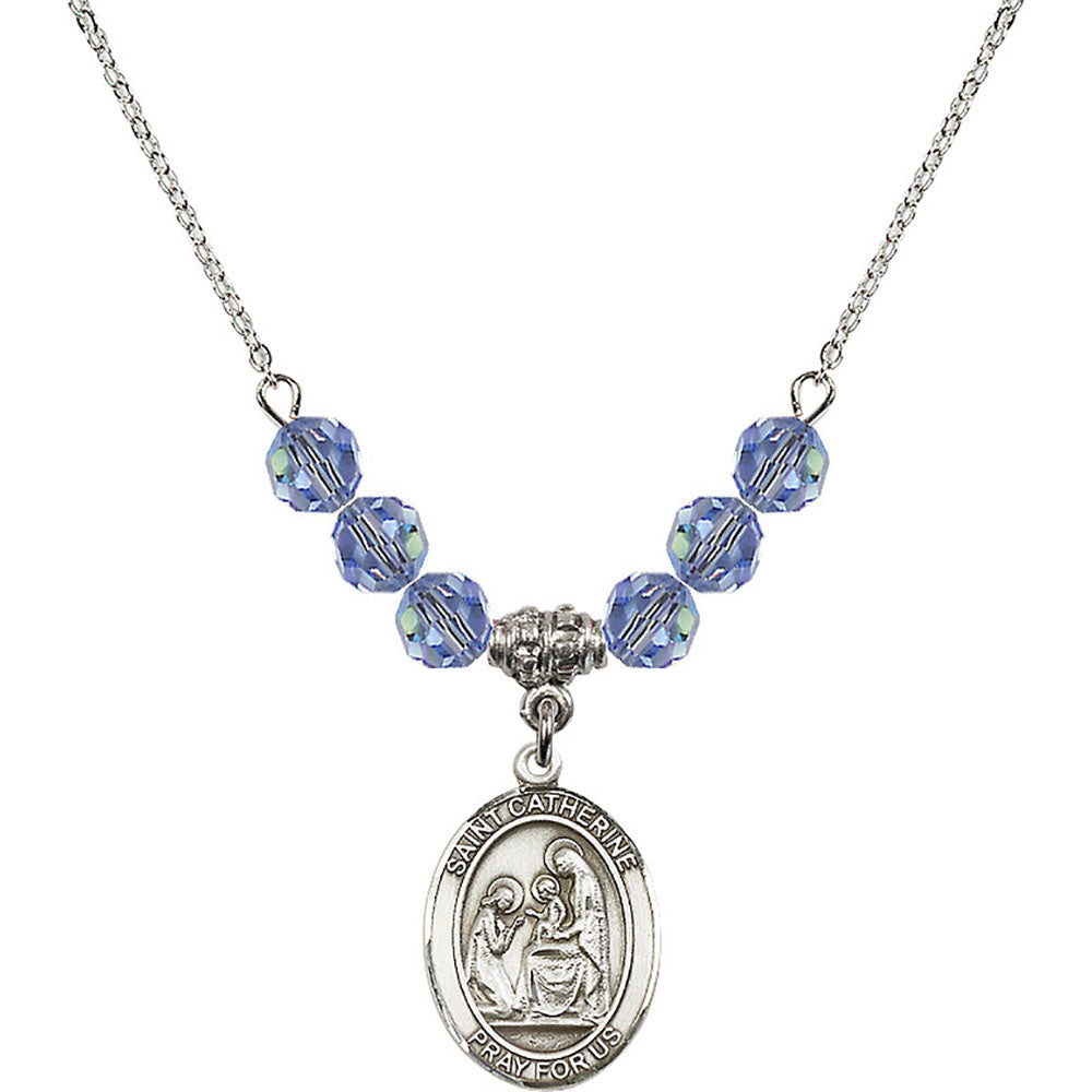 Sterling Silver Saint Catherine of Siena Birthstone Necklace with Light Sapphire Beads - 8014