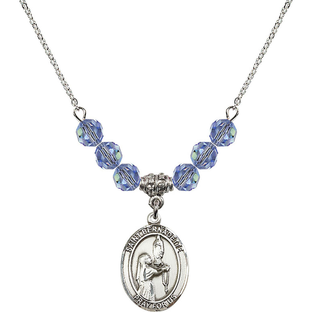 Sterling Silver Saint Bernadette Birthstone Necklace with Light Sapphire Beads - 8017
