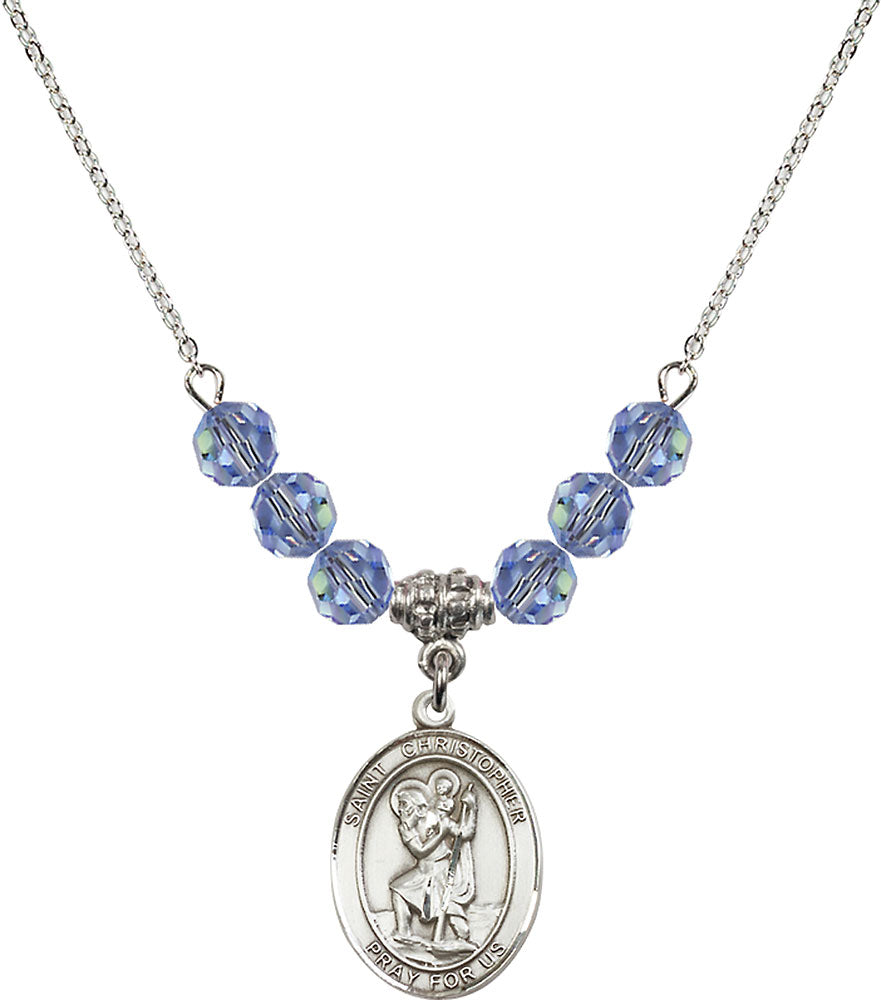 Sterling Silver Saint Christopher Birthstone Necklace with Light Sapphire Beads - 8022