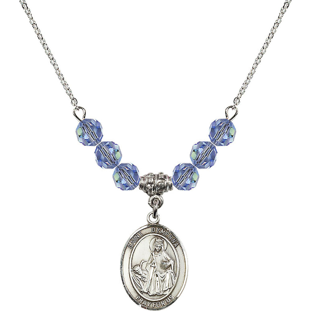 Sterling Silver Saint Dymphna Birthstone Necklace with Light Sapphire Beads - 8032