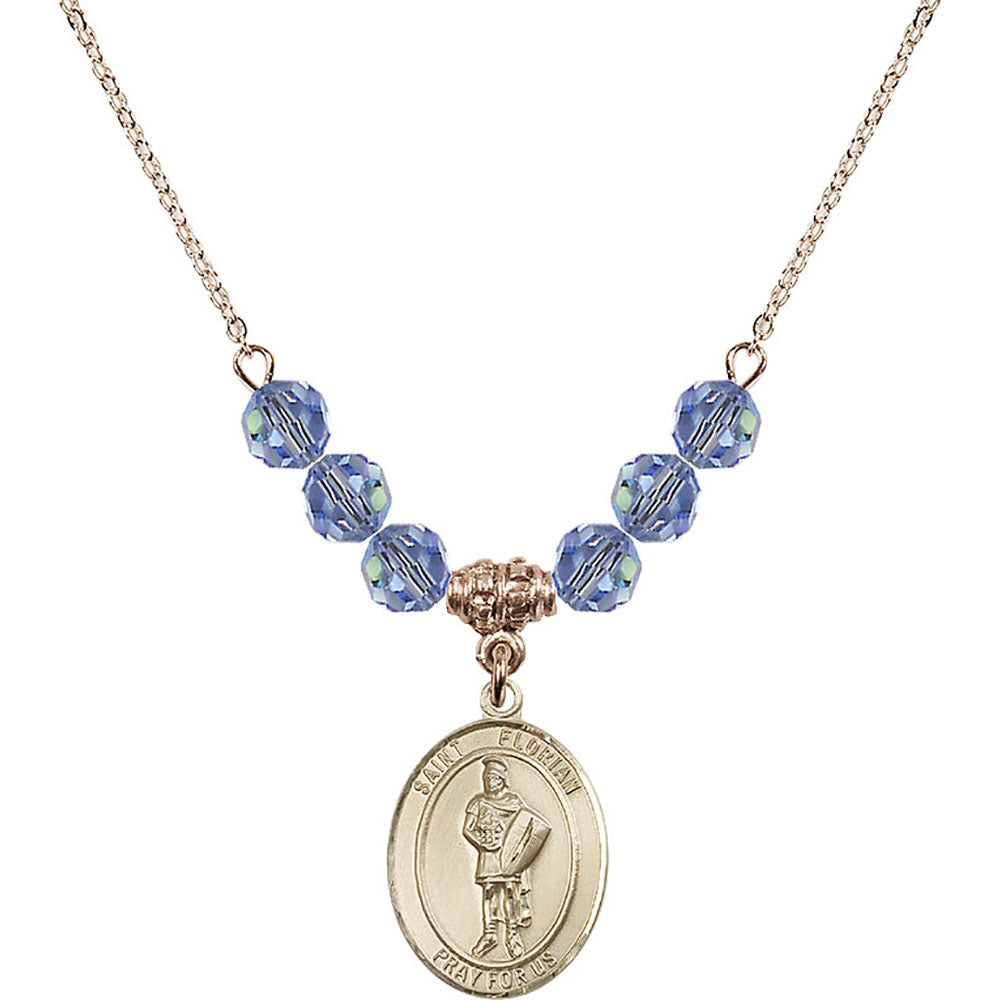 14kt Gold Filled Saint Florian Birthstone Necklace with Light Sapphire Beads - 8034