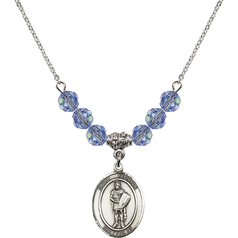 Sterling Silver Saint Florian Birthstone Necklace with Light Sapphire Beads - 8034