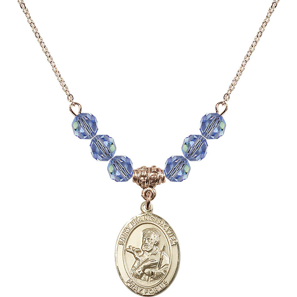 14kt Gold Filled Saint Francis Xavier Birthstone Necklace with Light Sapphire Beads - 8037