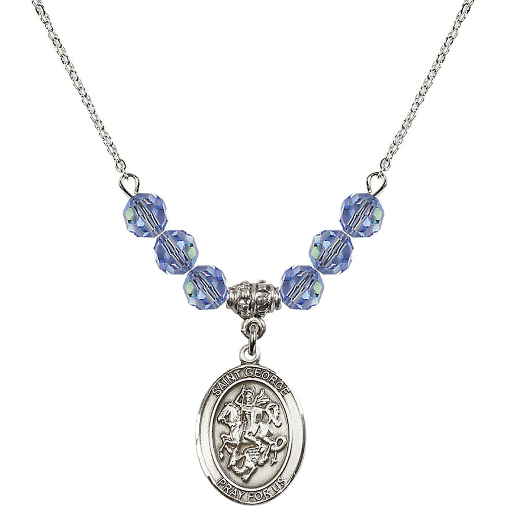 Sterling Silver Saint George Birthstone Necklace with Light Sapphire Beads - 8040