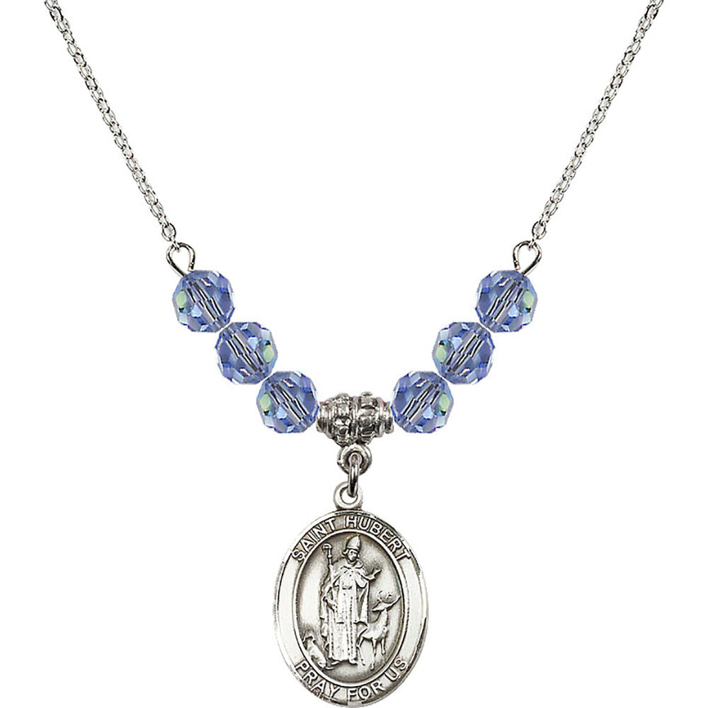 Sterling Silver Saint Hubert of Liege Birthstone Necklace with Light Sapphire Beads - 8045