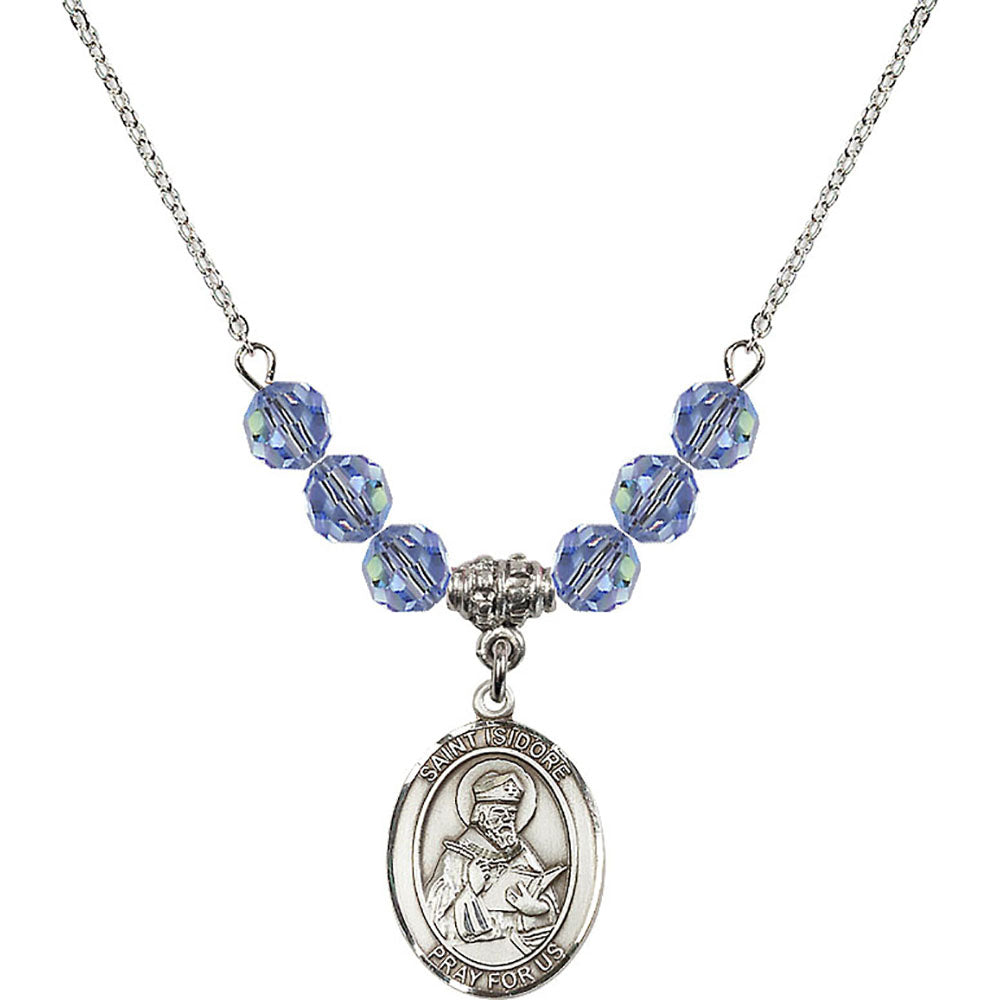 Sterling Silver Saint Isidore of Seville Birthstone Necklace with Light Sapphire Beads - 8049
