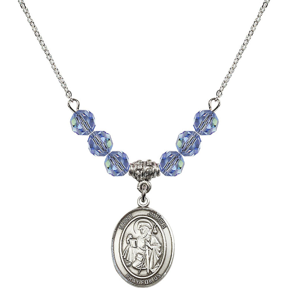 Sterling Silver Saint James the Greater Birthstone Necklace with Light Sapphire Beads - 8050