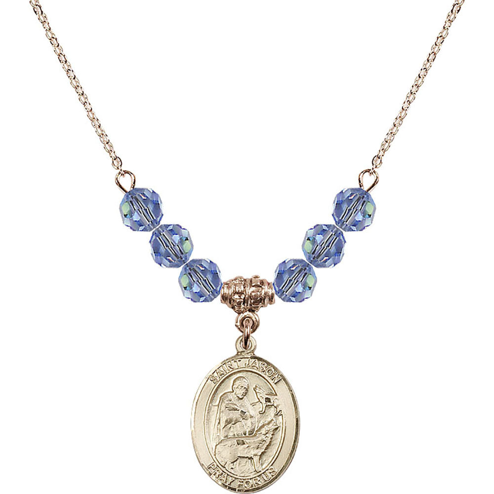 14kt Gold Filled Saint Jason Birthstone Necklace with Light Sapphire Beads - 8051