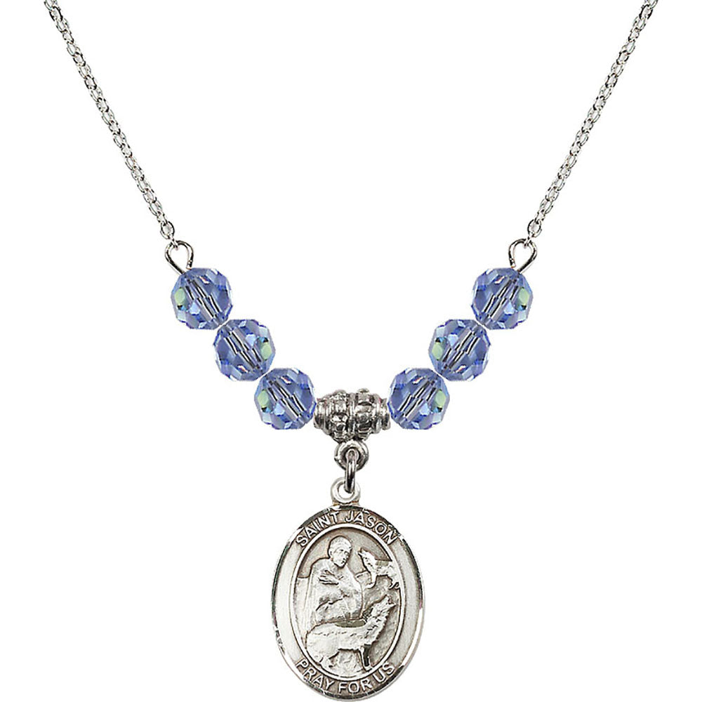 Sterling Silver Saint Jason Birthstone Necklace with Light Sapphire Beads - 8051