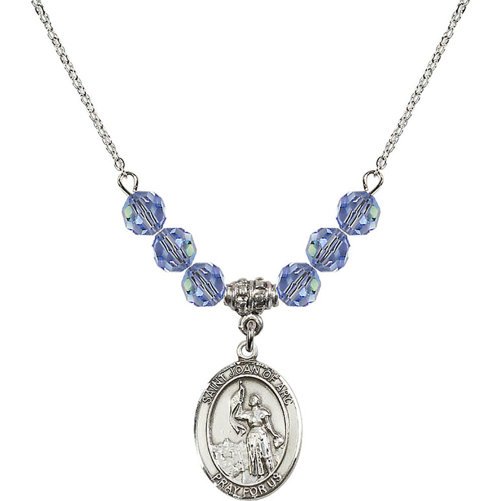 Sterling Silver Saint Joan of Arc Birthstone Necklace with Light Sapphire Beads - 8053