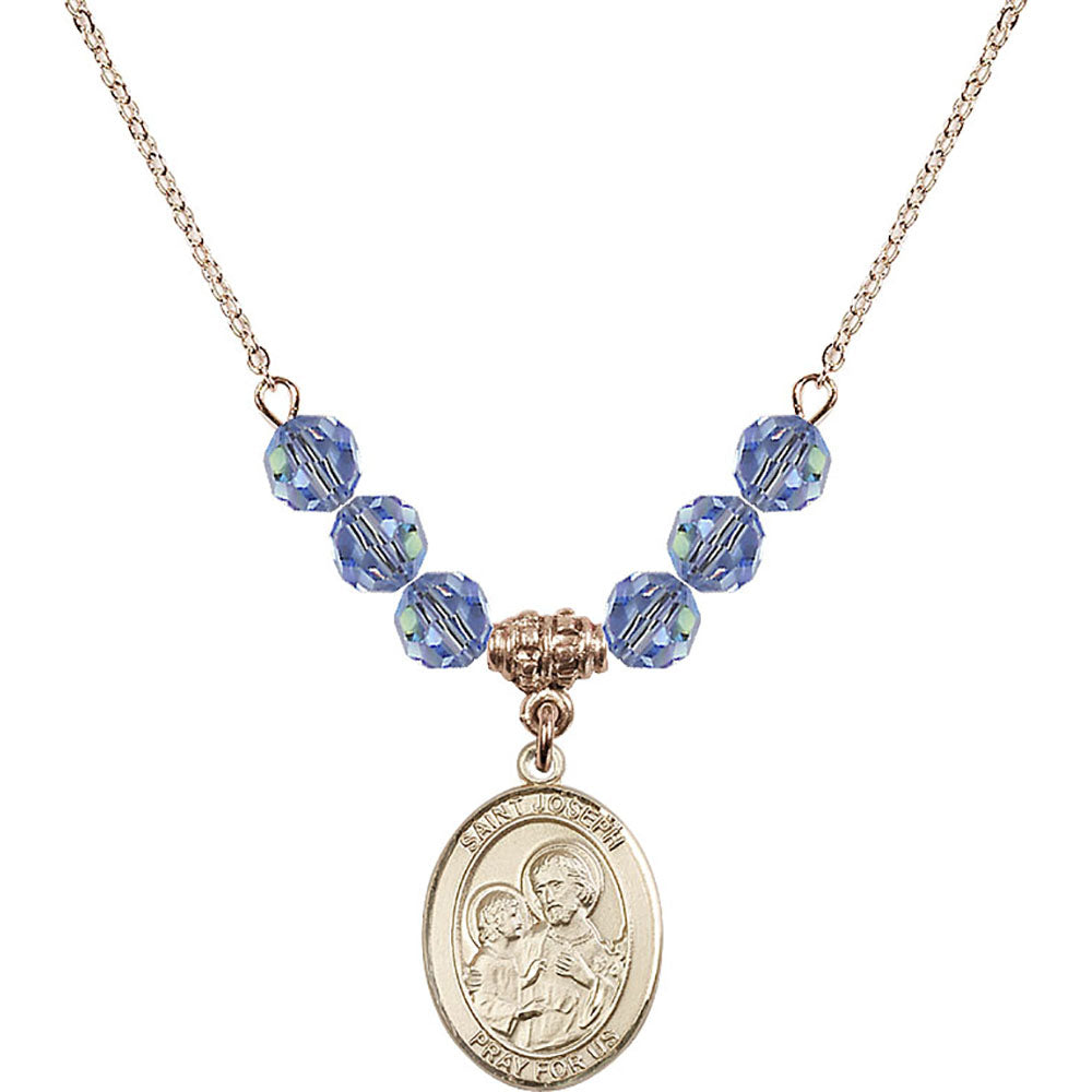 14kt Gold Filled Saint Joseph Birthstone Necklace with Light Sapphire Beads - 8058