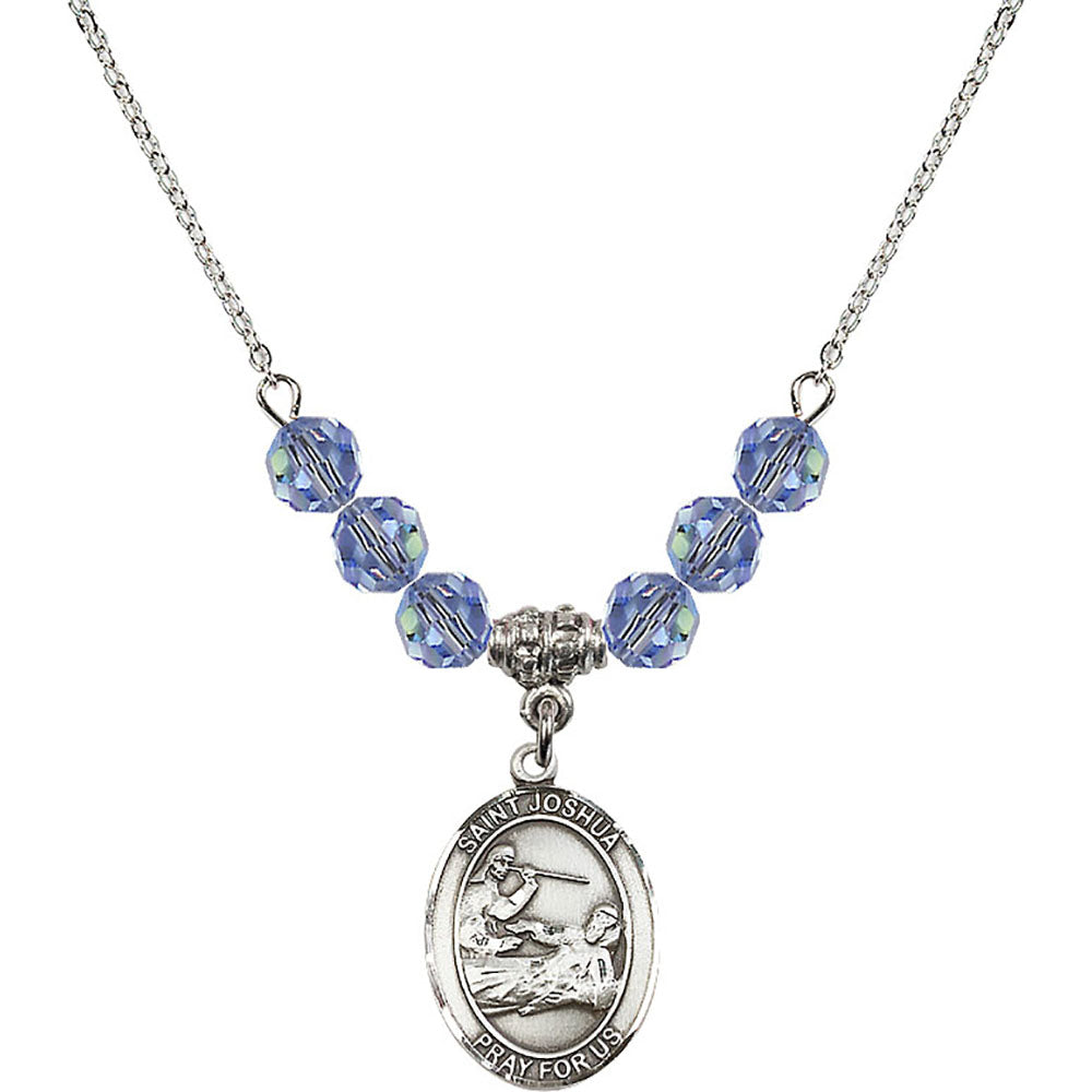 Sterling Silver Saint Joshua Birthstone Necklace with Light Sapphire Beads - 8059