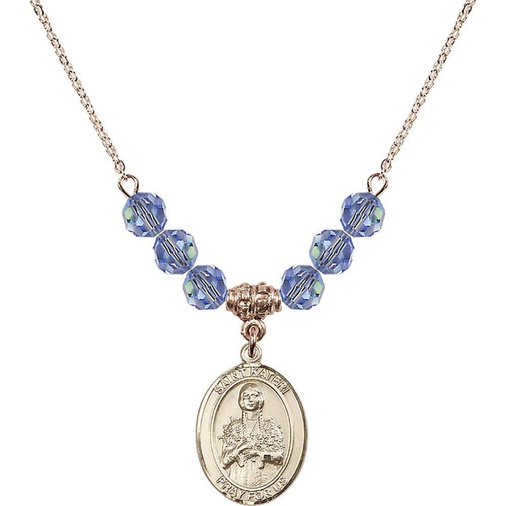 14kt Gold Filled Saint Kateri Tekakwitha Birthstone Necklace with Light Sapphire Beads - 8061