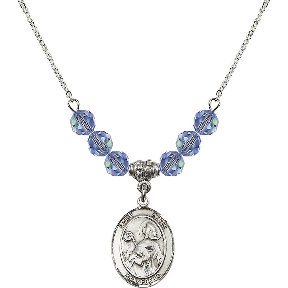 Sterling Silver Saint Kevin Birthstone Necklace with Light Sapphire Beads - 8062