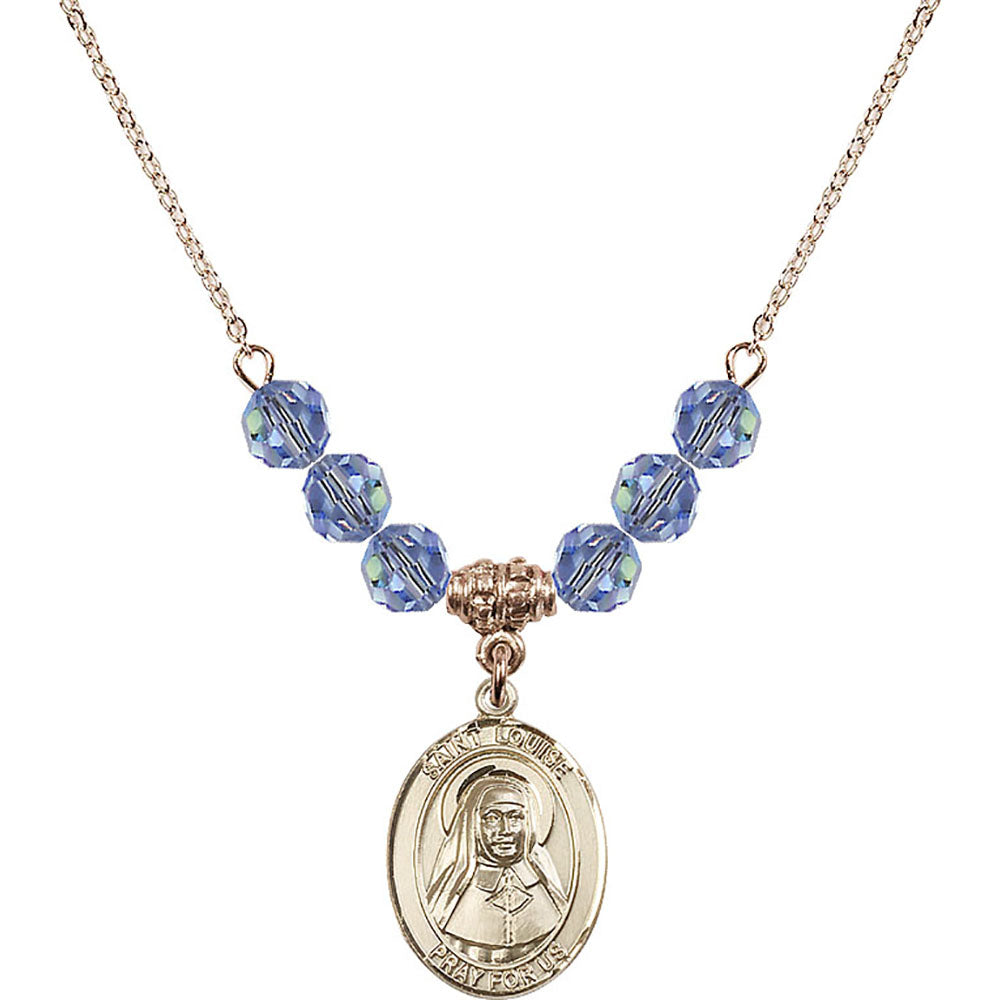 14kt Gold Filled Saint Louise de Marillac Birthstone Necklace with Light Sapphire Beads - 8064